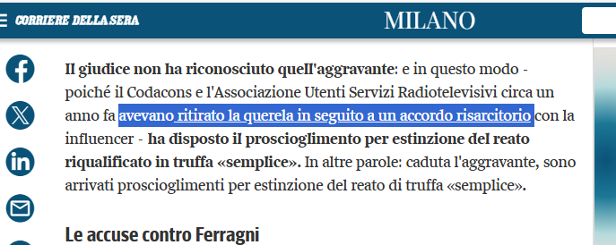"Ritirare la querela nei confronti di Chiara Ferragni in seguito a un accordo risarcitorio" è cosa ben differente dal "non è mai successo nulla". 
Perché se non fosse successo nulla non ci sarebbe un accordo risarcitorio.
Ma spiegarlo a chi compra bottigliette a 8 euro è dura...