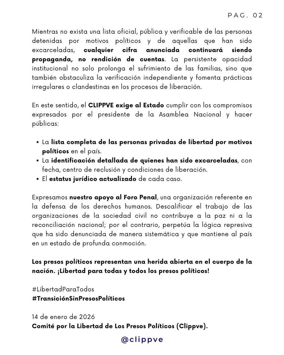 📣 COMUNICADO URGENTE | Los presos políticos no son números: exigimos verdad y transparencia en Venezuela

Rechazamos que la justicia se reduzca a una guerra de cifras. Los presos políticos no son números: son personas con nombre, rostro y familias que esperan.

Frente al anuncio