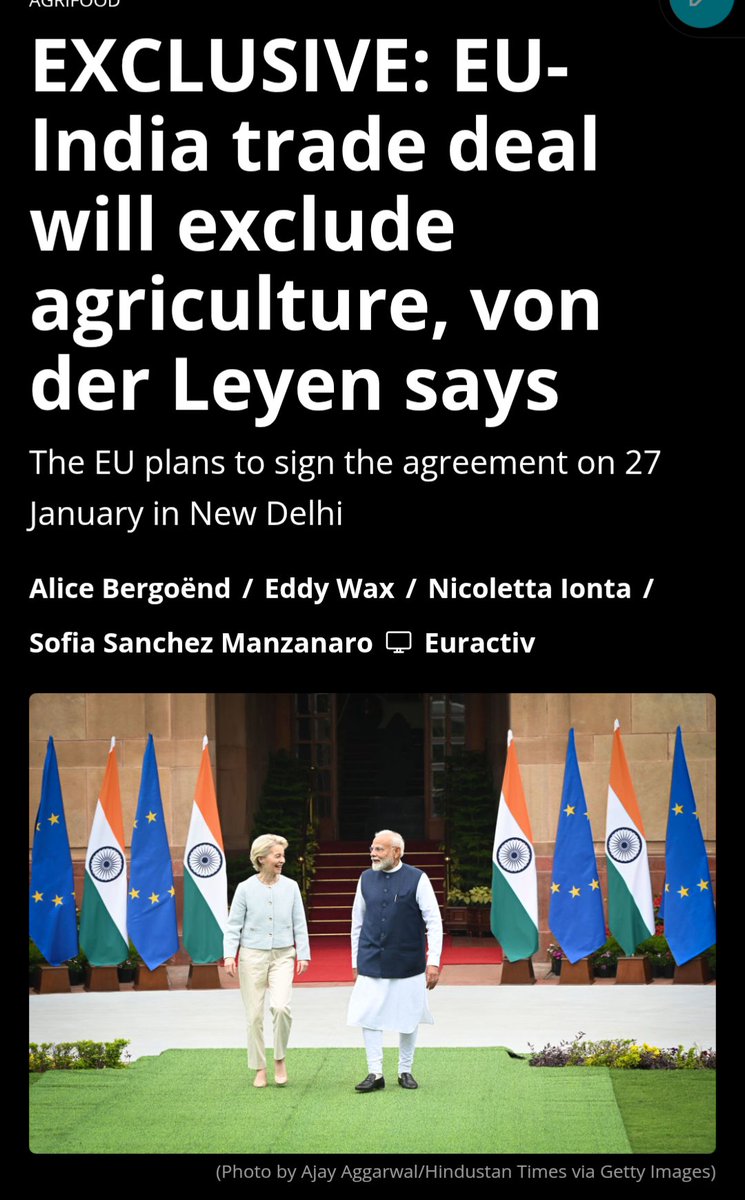OnTheNewsBeat's tweet image. EU-India FTA done. To be signed on Jan 27 and will exclude agriculture