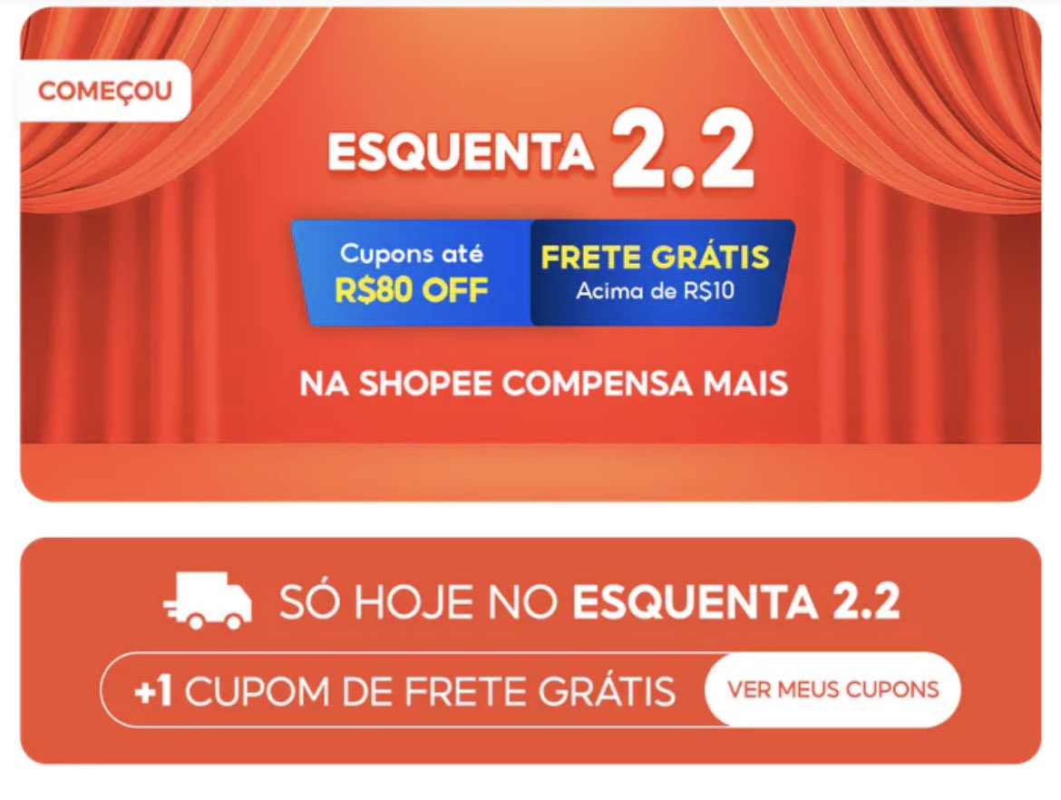 🎟️ESQUENTA CUPONS SHOPPE🎟️

Aproveite o esquenta 2.2 de cupons🛍️

Resgate seus cupons aqui s.shopee.com.br/30hjp5VJdN