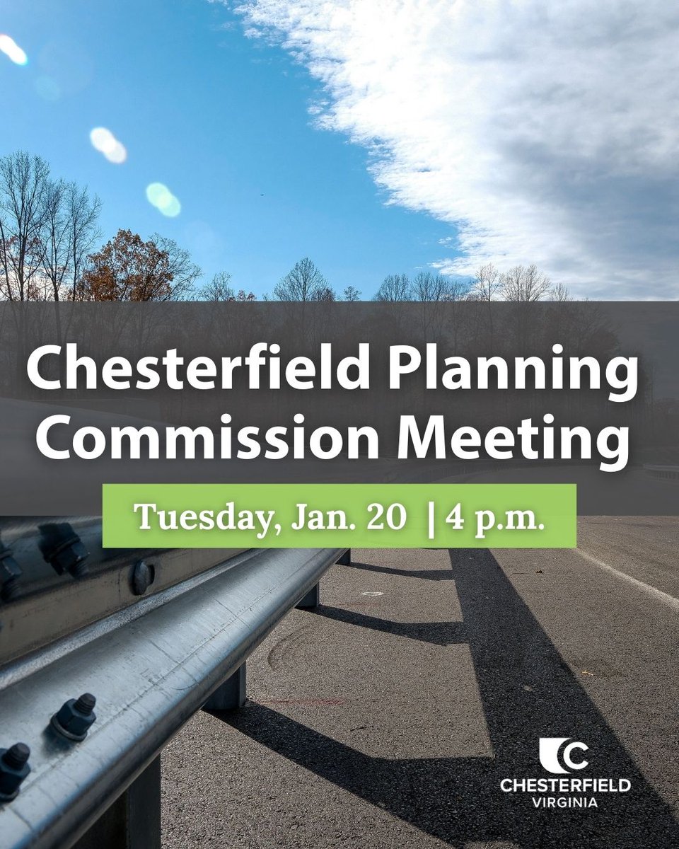 ChesterfieldVa's tweet image. Chime in on the future of Chesterfield! 📣 The Chesterfield Planning Commission will hold its regular meeting Tuesday, Jan. 20, at 4 p.m.

🗂️ View the agenda, staff reports and meeting details here: bit.ly/4qKOjwM

#Cfield #ChesterfieldVA #PlanningCommission