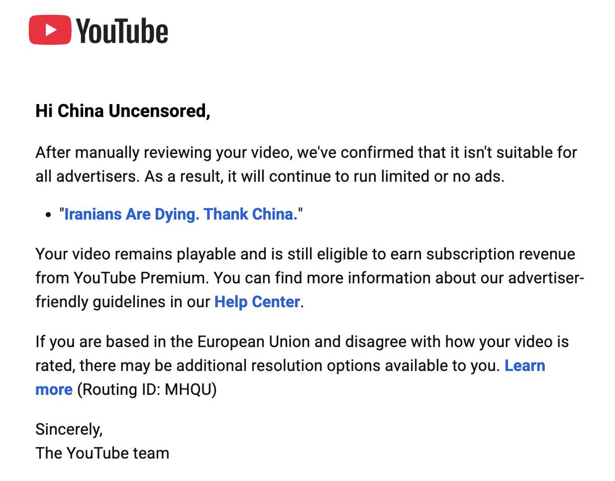 ChinaUncensored's tweet image. I guess YouTube doesn't like people talking about how Iranians are being killed by the regime (and China's helping). Demonetization means the algorithm kills the views. Give it a watch anyway. 
youtu.be/k74gb1MJ2Z4