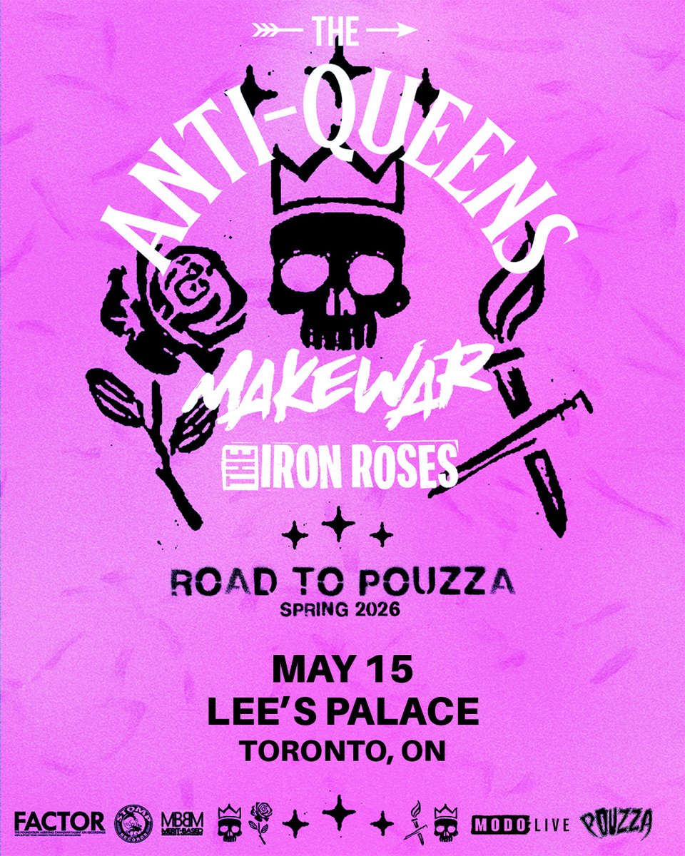 modo_live's tweet image. JUST ANNOUNCED: @THEANTIQUEENS head to @LeesPalaceTO on May 15 with Make War and Iron Roses!

Tickets on-sale Friday, Jan 16th @ 12pm EST: bit.ly/TheAntiQueens-…

#theantiqueens #leespalace #torontoevents