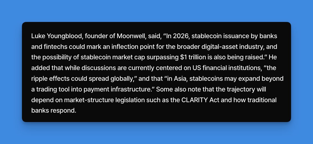 A $1T stablecoin market no longer sounds distant.

<a href="/LukeYoungblood/">LukeYoungblood.eth 🛡️</a>, featured in <a href="/bloomingbit_io/">블루밍비트</a>, says 2026 could mark an inflection point as banks and fintechs issue stablecoins at scale.

Moonwell is building the lending rails for this shift, onchain and ready.