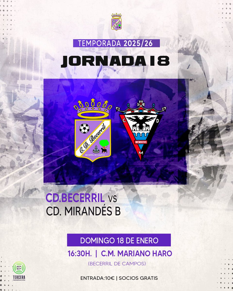 ⚽️ Temporada 2025/26

🏆 Jornada 18

🗓 Domingo 18 de Enero  
🕟 16:30h.
🏟 Mariano Haro
🆚 <a href="/CDMirandes/">Club Deportivo Mirandés</a> B 

🎟️ Entrada:10€
🆓 Socios gratis 

#rugeBecerril