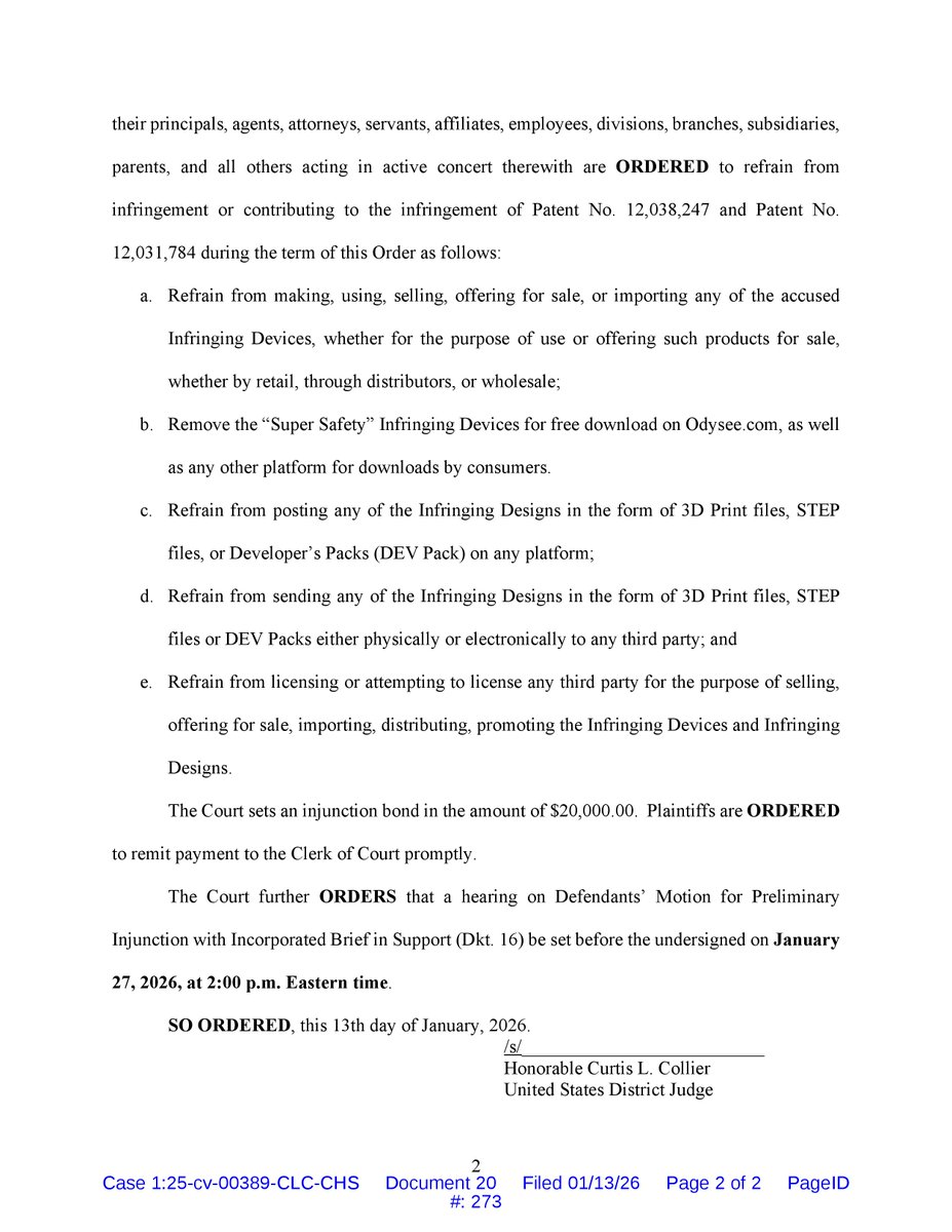 A Tennessee federal judge granted Rare Breed Triggers' motion for a temporary restraining order against Hoffman Tactical and its "Super Safety": storage.courtlistener.com/recap/gov.usco…