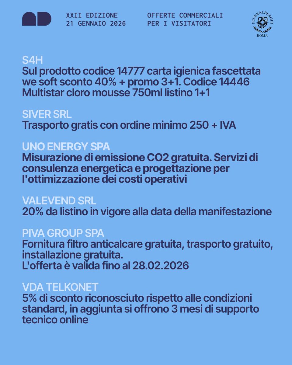 🔊OFFERTE COMMERCIALI RISERVATE IN ESCLUSIVA AI VISITATORI DELLA XXII EDIZIONE DI ALBERGATORE DAY EVENTO DI <a href="/FederalberghiRM/">Federalberghi Roma</a> ! Scorri per scoprire in anteprima tutte le offerte commerciali!
Richiedi subito il tuo accredito ➡️ platform.eventboost.com/e/ad-2026/45039