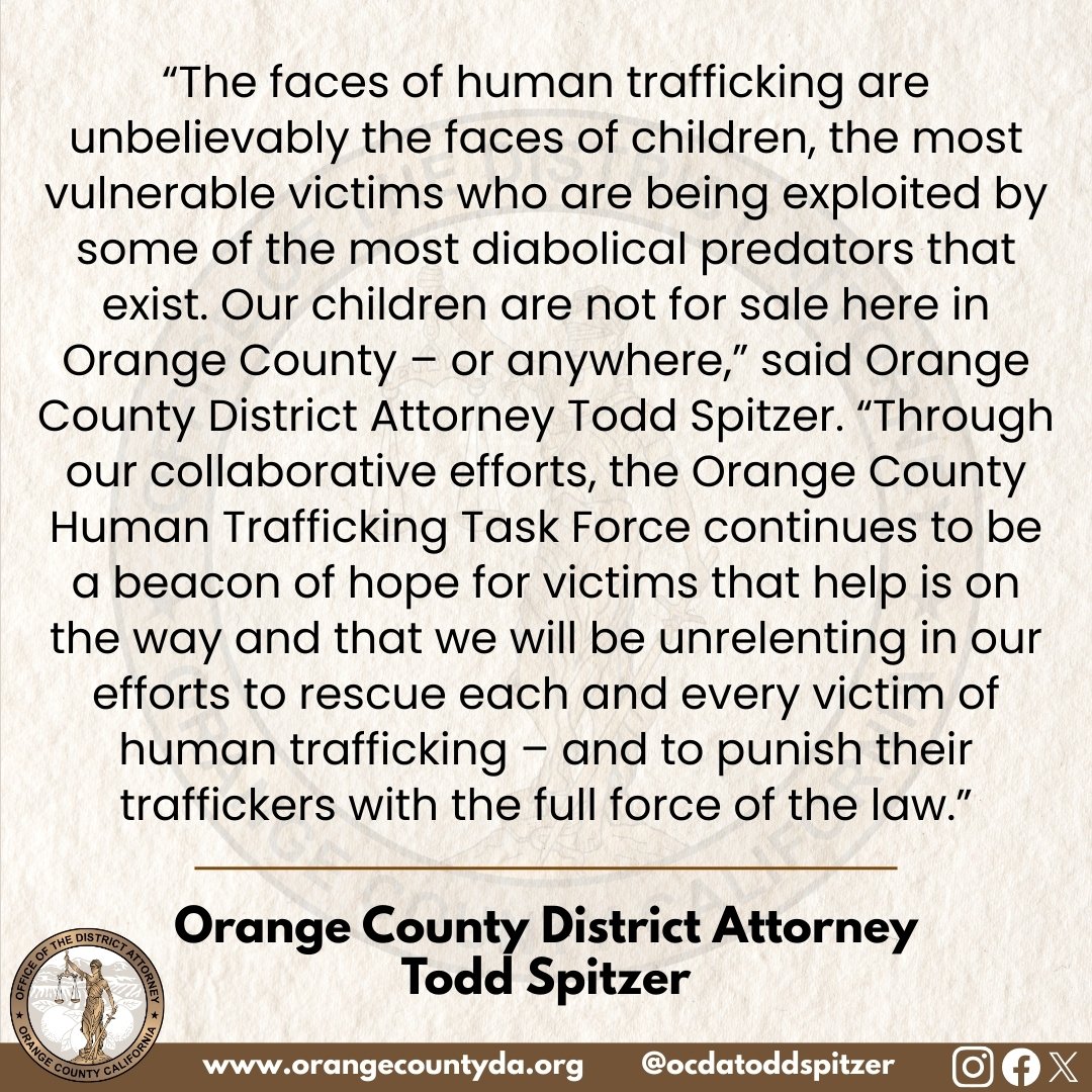 Long Beach Man with Prior Kidnapping Conviction Charged with Multiple Human Trafficking Felonies After Tip Leads Human Trafficking Task Force to Rescue 17-year-old Victim at Anaheim Motel

Click here for full press release: bit.ly/4qiQ04P

SANTA ANA, Calif. – A