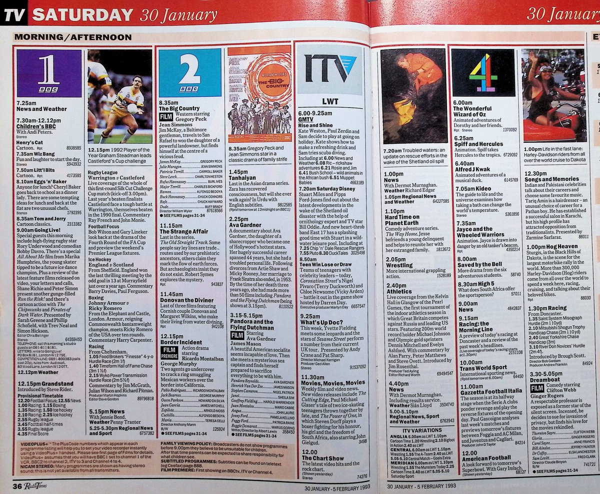 TvDidYouSee's tweet photo. #OnThisDay 30 January 1993 📺TV Listings
"New heart-throb band" #East17 splash about with #StuartMiles in SATURDAY DISNEY.
#NeilMorrisey plays THAT'S SHOWBUSINESS.
Celebrating 100 episodes of #Casualty.
#JonathanRoss opens the SATURDAY ZOO again.
#CillaBlack has more BLIND DATE. https://t.co/bLdzPgSsQz