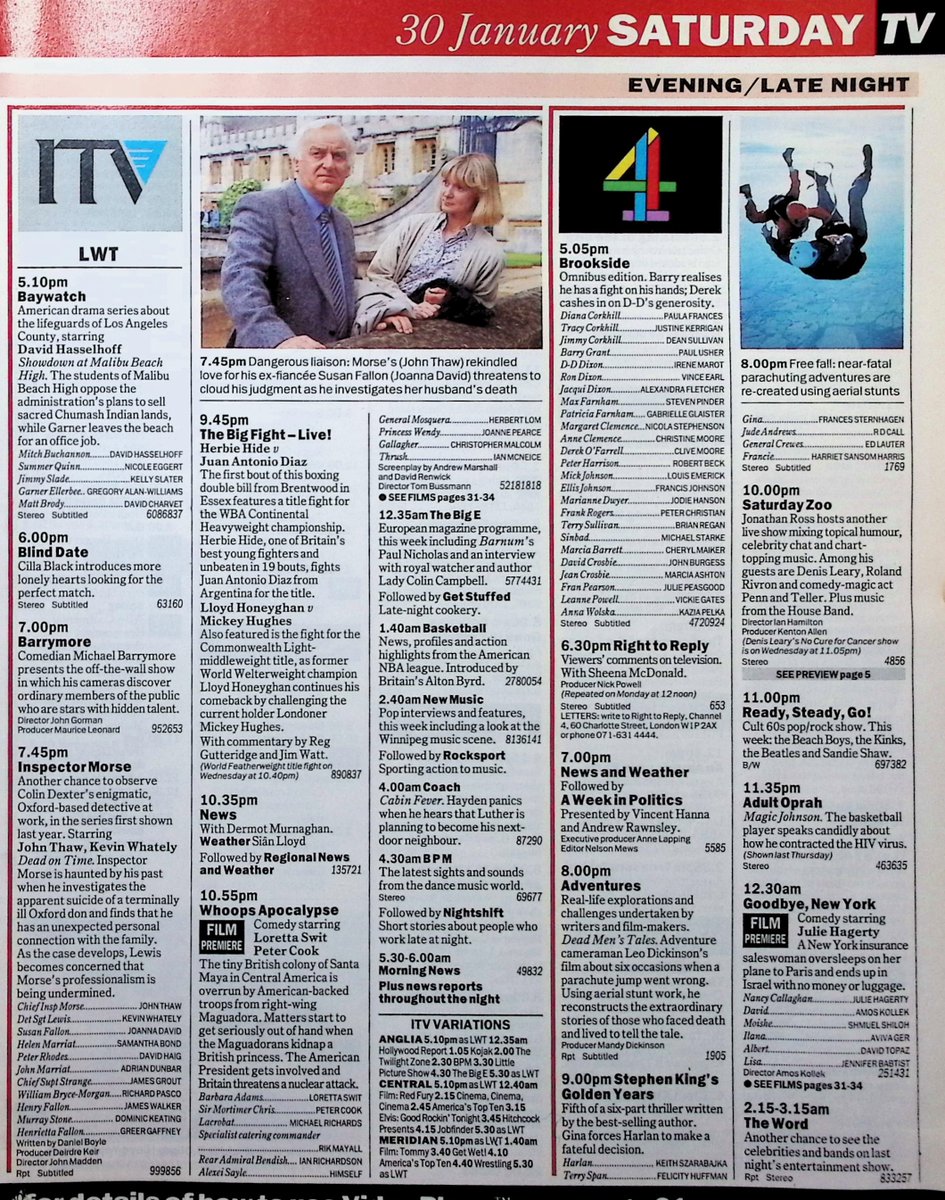 TvDidYouSee's tweet photo. #OnThisDay 30 January 1993 📺TV Listings
"New heart-throb band" #East17 splash about with #StuartMiles in SATURDAY DISNEY.
#NeilMorrisey plays THAT'S SHOWBUSINESS.
Celebrating 100 episodes of #Casualty.
#JonathanRoss opens the SATURDAY ZOO again.
#CillaBlack has more BLIND DATE. https://t.co/bLdzPgSsQz