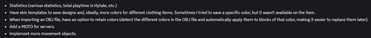 SincaES's tweet photo. @Simon_Hypixel This 5 ideas
- Stats
- Templates for skins
- Improvements for importing OBJ files
- MOTD for server list
- Implement more movement objects https://t.co/QQqhKrkNOA