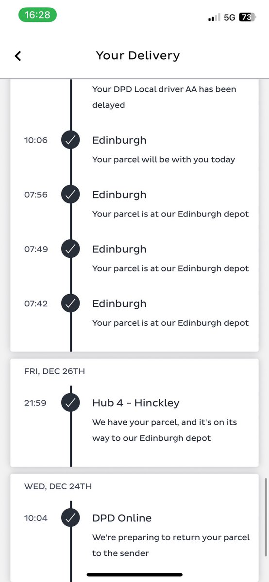 reepetit1dynamo's tweet image. @dpd_uk can you please explain why my parcel has been stuck in Edinburgh depot and been up and down the country since December 23rd. I’ve logged 3 enquiries since to get my parcel back. No text or comms received. I need answers!