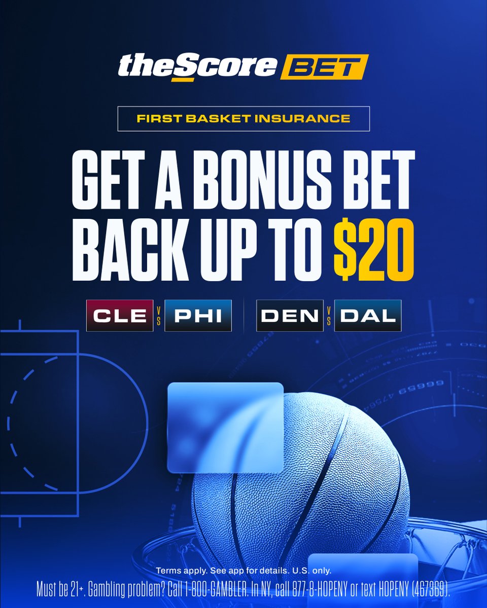 theScoreBet's tweet image. 🏀 FIRST BASKET INSURANCE 🏀

Bet on a 'Player To Score The First Basket' market for Cavs-Sixers or Nuggets-Mavs and get 50% back up to $20 in a Bonus Bet if it loses. It's that easy. ✅

Download @theScoreBet and lock in! 📲 sportsbook.thescore.bet/promotions