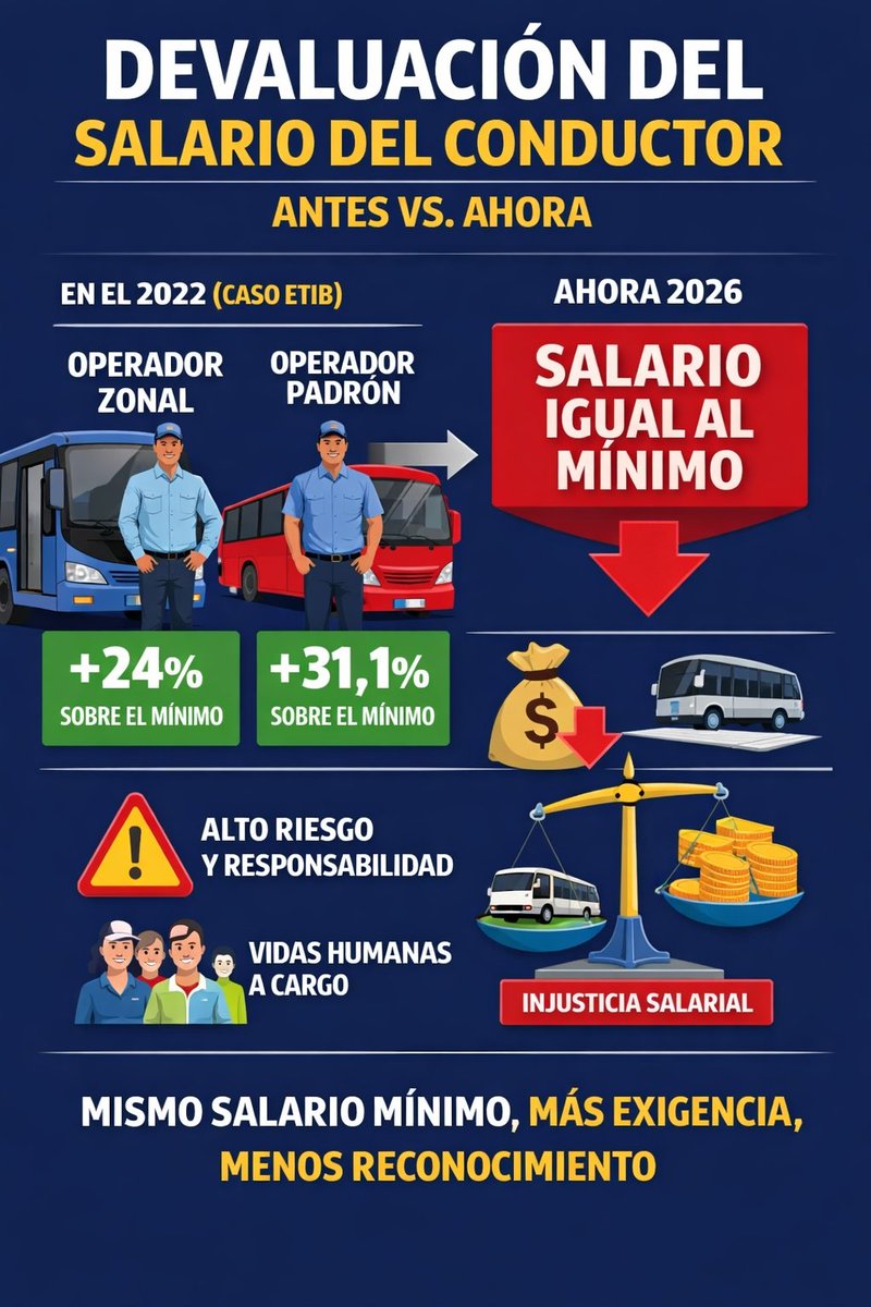Para las próximas negociaciones del sector transporte masivo: en 2022, un operador de bus zonal ganaba 24 % y uno de bus padrón 31,1 % por encima del salario mínimo (caso ETIB). Esa diferencia reconocía el riesgo, la responsabilidad y el valor social de conducir vehículos de gran