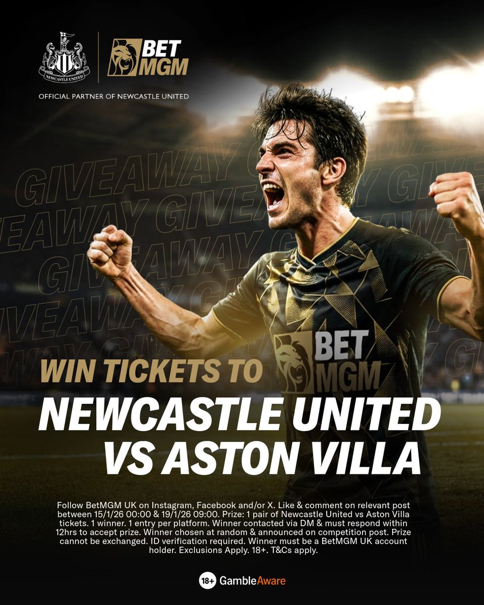 BetMGMUK's tweet image. BetMGM has one pair of tickets to Newcastle United vs Aston Villa 🎫

How to Enter:
🤝 𝗙𝗢𝗟𝗟𝗢𝗪 @BetMGMUK 
🖤 𝗟𝗜𝗞𝗘 this post
💬 𝗖𝗢𝗠𝗠𝗘𝗡𝗧 who scored the opener in this fixture last season?

18+. Winners notified 19th January.

T&amp;amp;Cs: betmgm.uk/4fzPbzC

#NUFC
