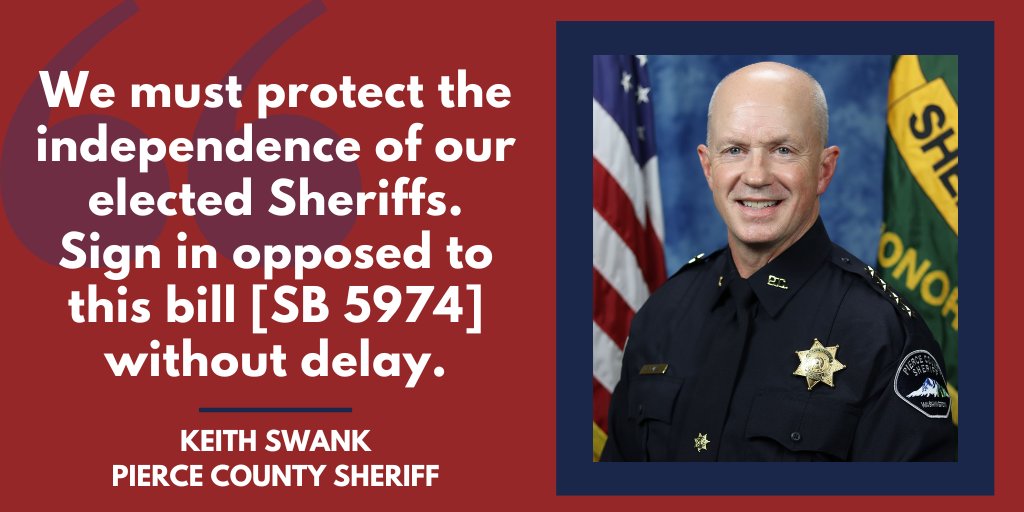 Do you like electing your own Sheriff?

<a href="/PierceSheriff/">Pierce Co Sheriff</a> Keith Swank urges you to sign-in CON against SB 5974 &amp; HB 1399, bills allowing WA to decertify and remove your elected Sheriff at will. SB 5974 is being heard TOMORROW at 10:30am in the Senate Law &amp; Justice Committee.