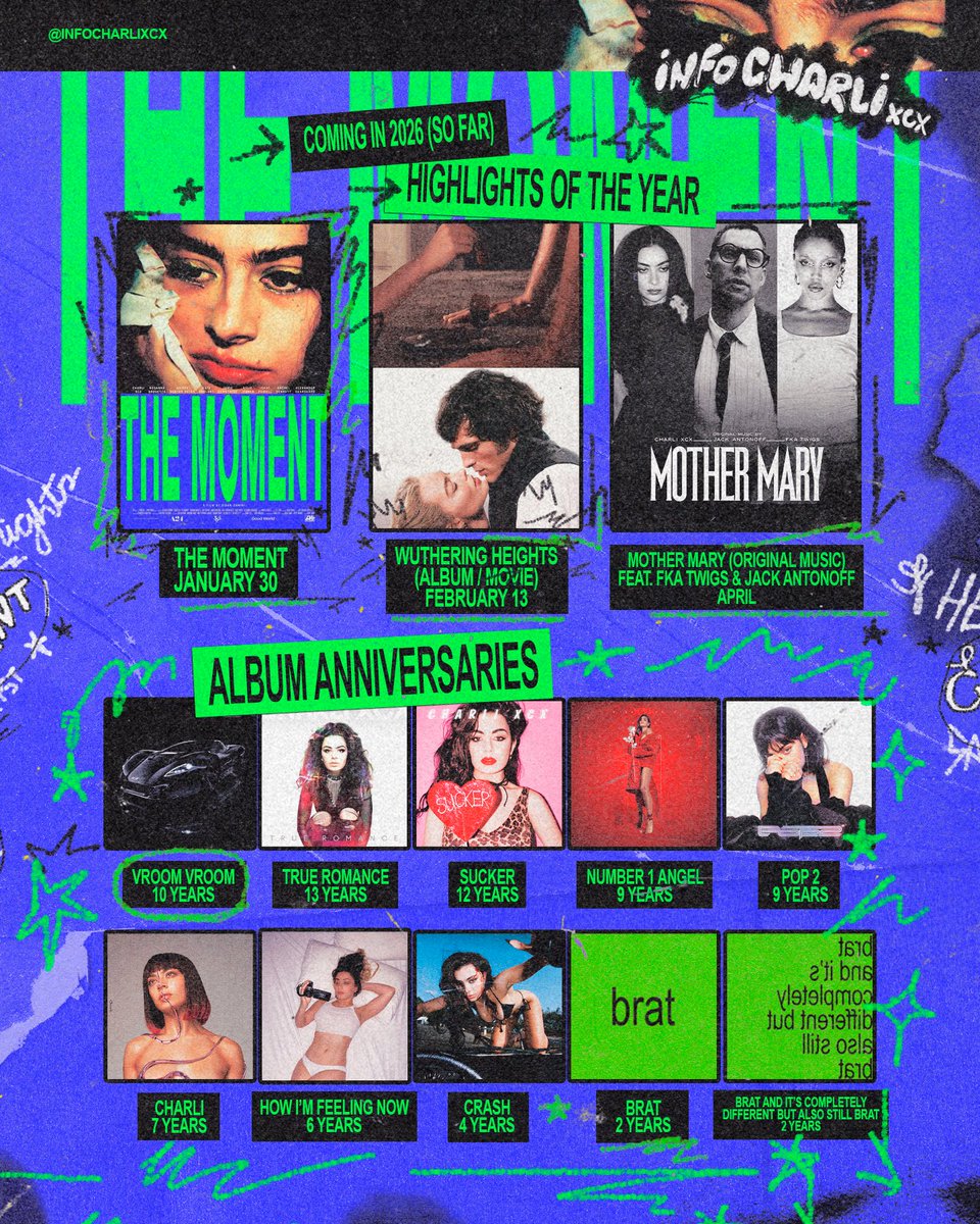 infocharlixcx's tweet photo. Get ready for a year full of Charli xcx! Check out Charli's next confirmed releases in this first half of 2026 and album anniversaries!

And many other things coming soon! 💚 https://t.co/9T6PJsDl8L