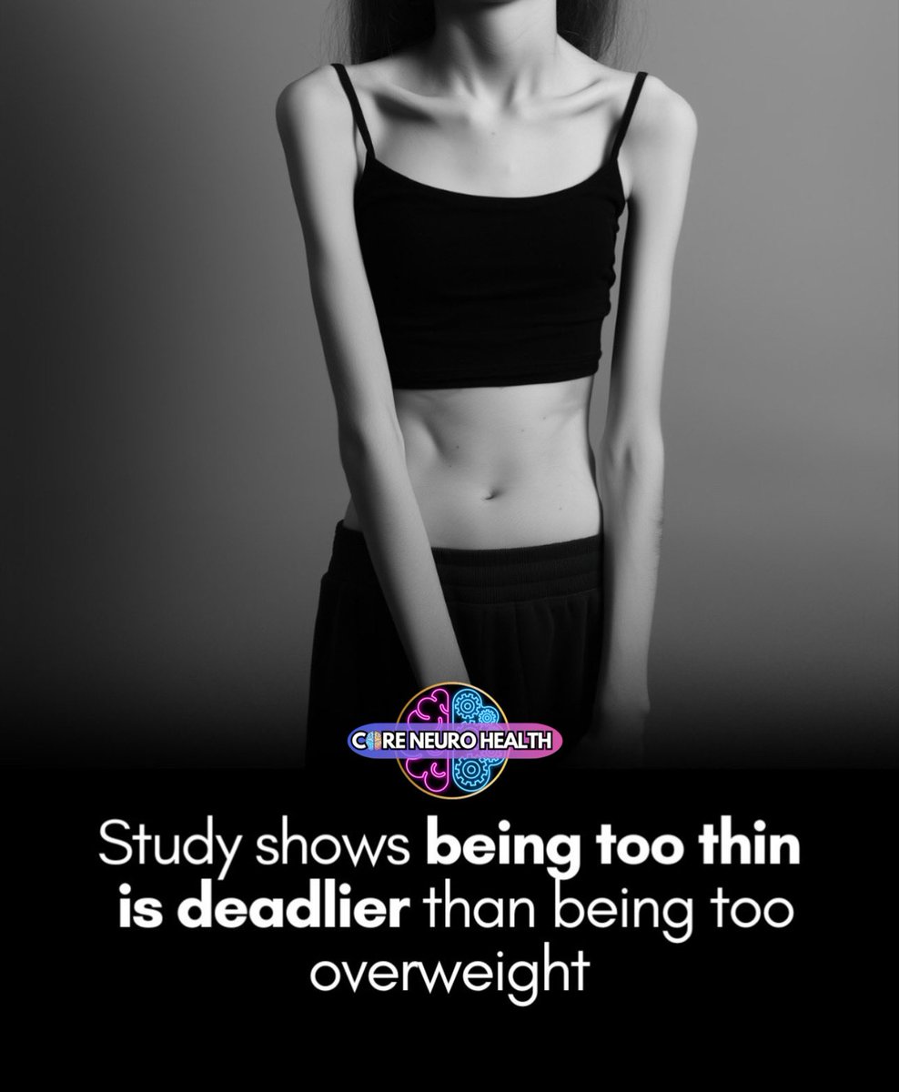 CoreNeuroHealth's tweet image. Being underweight is often seen as “healthy” — but the science tells a more complex story.

Large population studies show that chronic underweight status is associated with higher mortality risk than being moderately overweight. Not because weight itself is the problem