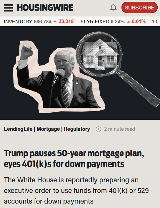 Dumb fucks pause 50 year mortgage loans after discovering math 

Wants families to destroy their retirement accounts instead LMFAO