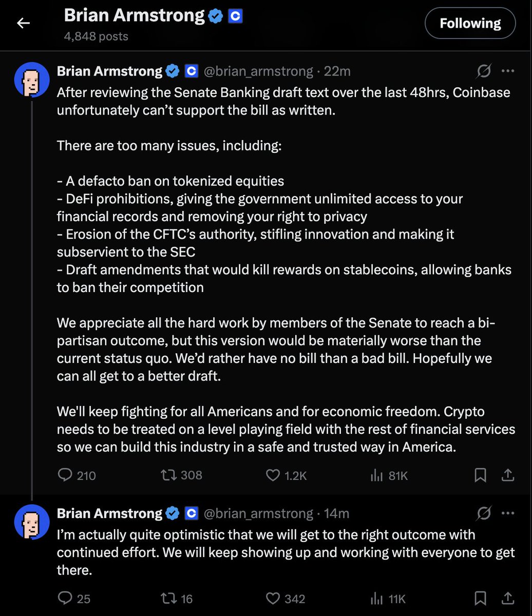 coinbureau's tweet photo. 🚨COINBASE: "WE’D RATHER HAVE NO BILL THAN A BAD BILL"

Brian Armstrong says Coinbase cannot support the Senate Banking Committee’s draft crypto market structure bill in its current form after reviewing the proposal.
