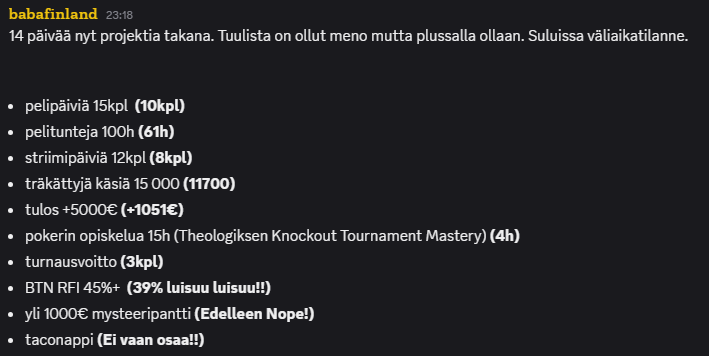 baba_finland's tweet photo. "Viiden kilon tammikuu" projekti  otti rahallisen tuloksen puolesta hiukan takapakkia viimeisen 7 päivän aikana  mutta ei anneta sen haitata menoa. Vielä on reilut 2 viikkoa aikaa parannella tuloksia. https://t.co/IFIn92EaJM