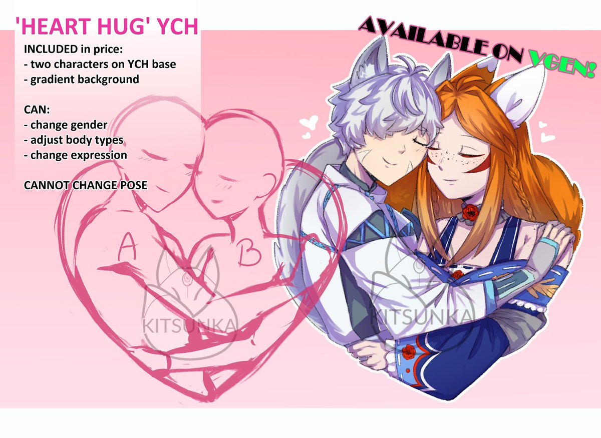 Valentine's day YCH commission — heart hug — open!❤️
Perfect for your oc couple, yumeship or selfship!
Expressions on art can be changed.
Slots with guaranteed delivery before Valentines are limited.

↺ and ♡ are appreciated.