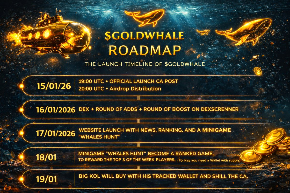 GoldWhaleSolana's tweet photo. Stay focused on the timeline.

Every step of the $GOLDWHALE launch is planned, scheduled, and transparent.
Marketing actions, releases, and updates will follow this roadmap.
This is a fair launch.

Join us: https://t.co/mMJkQ3f9BD

#memecoin #solana #bitcoin #launchonsol #sol https://t.co/GpABxIB3AS