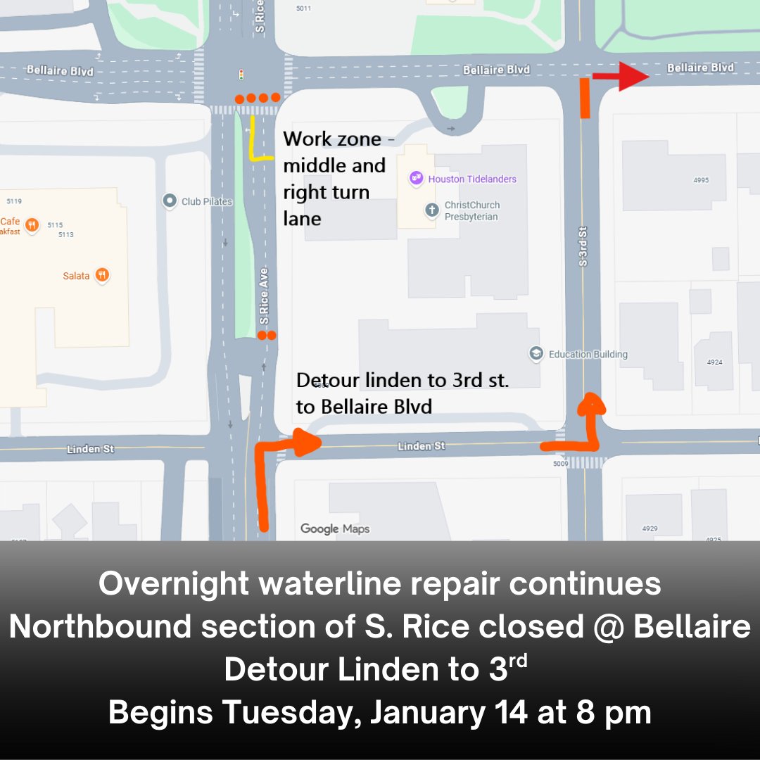 Repair work will begin at 8:00 PM tonight and continue overnight near the intersection of S. Rice &amp; Bellaire. The northbound section of S. Rice Avenue will be closed &amp; motorists will be detoured via Linden and 3rd. Repairs are expected to be completed by the morning of Jan 15.