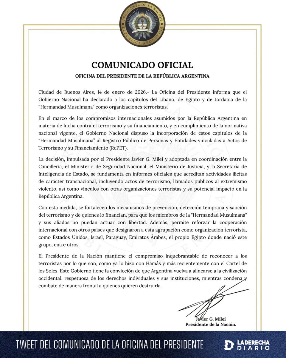 laderechadiario's tweet image. 🚨🇦🇷 | #AHORA ARGENTINA NO SERÁ ISLAMIZADA: El presidente Javier Milei declara a la Hermandad Musulmana como organizacion terrorista.