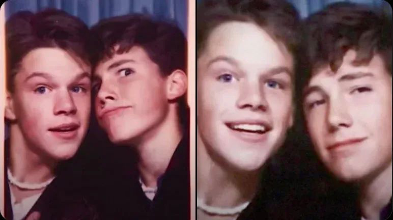 TheCinesthetic's tweet image. Ben Affleck and Matt Damon, aged 16 and 15, wearing matching puka shell necklaces in the 1980s.