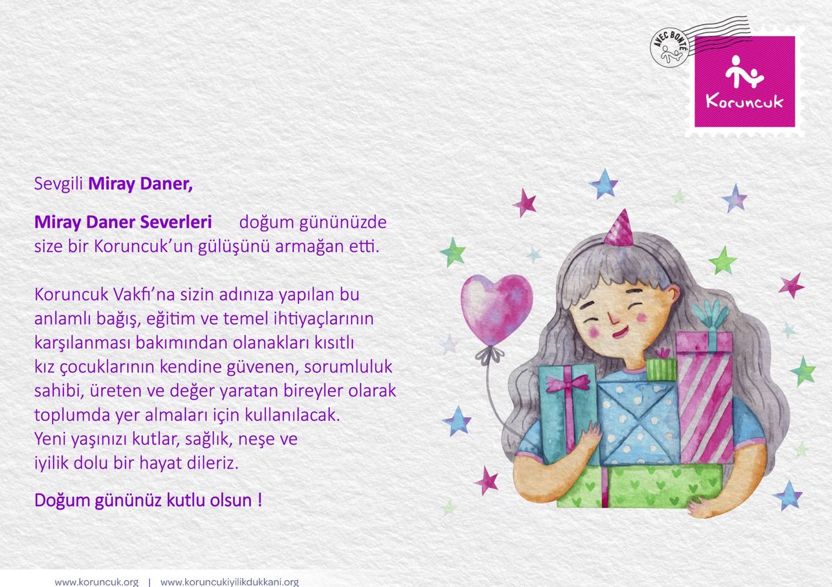 Sevgili <a href="/miraay_daneer/">MirayDaner</a>, seninle kurduğumuz sevgi bağını her sene olduğu gibi bu sene de güzel vesilelerle buluşturmak istedik. Kız çocuklarının güvenli ve sağlıklı bir ortamda büyümesini destekleyen <a href="/Koruncuk/">Koruncuk</a> Vakfı’na senin adına bağışta bulunduk ♥️

NiceYaşlara MirayDaner 🎈