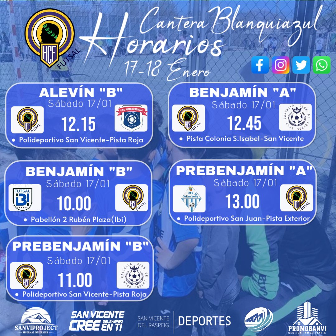 𝐂𝐚𝐧𝐭𝐞𝐫𝐚𝐁𝐥𝐚𝐧𝐪𝐮𝐢𝐚𝐳𝐮𝐥🔵⚪️
🫂𝗖𝗔𝗡𝗧𝗘𝗥𝗔|📒⚽ 𝗛𝗢𝗥𝗔𝗥𝗜𝗢𝗦

⏰Horarios| Os dejamos los horarios de los partidos de la base de este fin de semana. ¡A disfrutar! 🐣⚽️

#CrecemosJuntos 💙🤍 #MachoHérculesSV #FamiliaHerculana