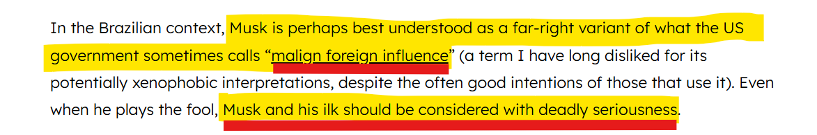 MikeBenzCyber's tweet image. While NED's censorship ops started with Russian disinfo as the pretext, and NED claimed it was fighting Russian disinfo, here NED's Dean Jackson spilled the beans and said Elon Musk should treated as a graver threat than Russia. This while he &amp;amp; NED sided with Brazil in banning X