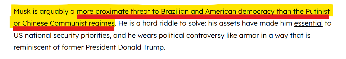 MikeBenzCyber's tweet image. While NED's censorship ops started with Russian disinfo as the pretext, and NED claimed it was fighting Russian disinfo, here NED's Dean Jackson spilled the beans and said Elon Musk should treated as a graver threat than Russia. This while he &amp;amp; NED sided with Brazil in banning X