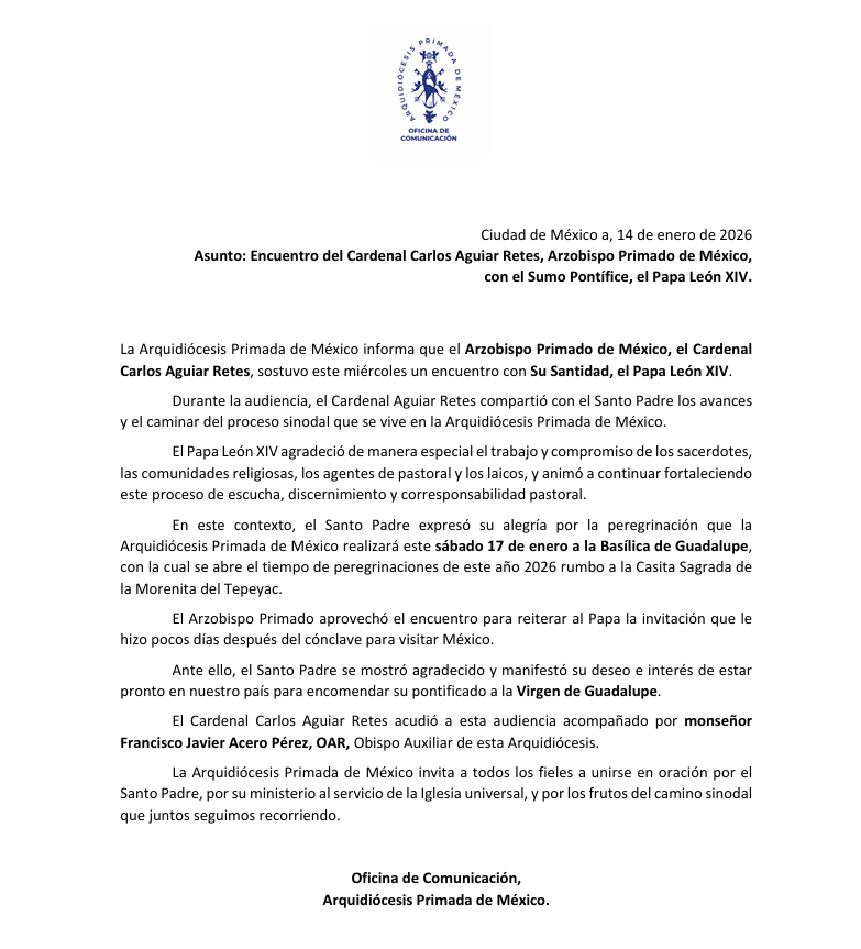 azucenau's tweet image. 🇻🇦🇲🇽El papa León XIV expresó su "deseo e interés" de visitar México próximamente para encomendar su pontificado a la Virgen de Guadalupe, informó la Arquidiócesis Primada.

Aún no hay fecha, pero el anuncio llega a días del arranque de las peregrinaciones 2026 hacia la Basílica.…