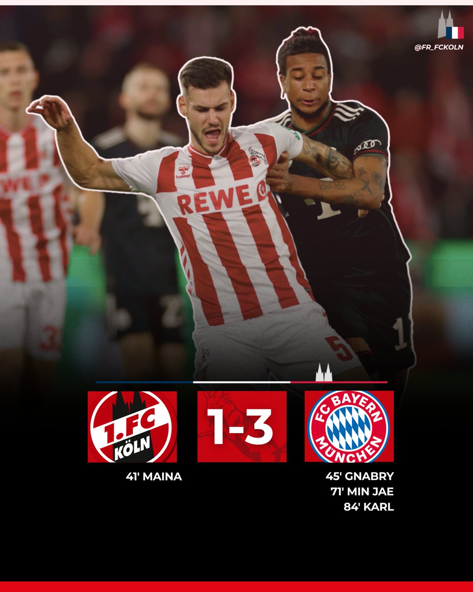 ☹️Logique respectée...

Face à un Bayern moins inspiré mais toujours aussi solide et glacial, Cologne aura combattu avec ses armes du moment, bien trop insuffisantes néanmoins pour espérer mieux qu'une nouvelle défaite.
Il y'aura fort à faire samedi face à Mainz dans un tournant