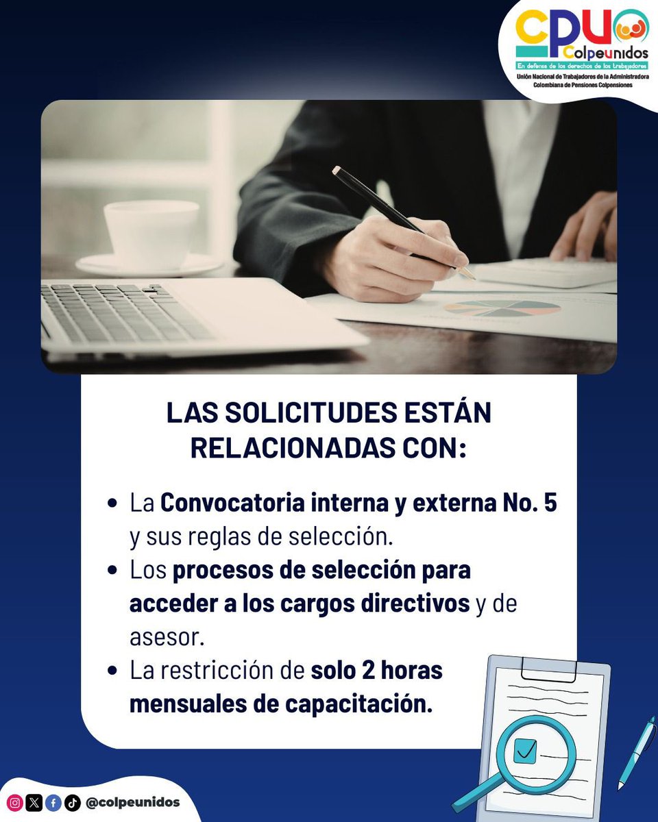 colpeunidos's tweet photo. 📰 BOLETÍN INFORMATIVO – COLPEUNIDOS

Hoy, @colpeunidos radicó varios derechos de petición ante @Colpensiones, solicitando información y documentos clave para garantizar:

🔍 Transparencia
⚖️ Defensa de los derechos laborales
👥 Respeto a las y los trabajadores https://t.co/DDaWWOHvDw