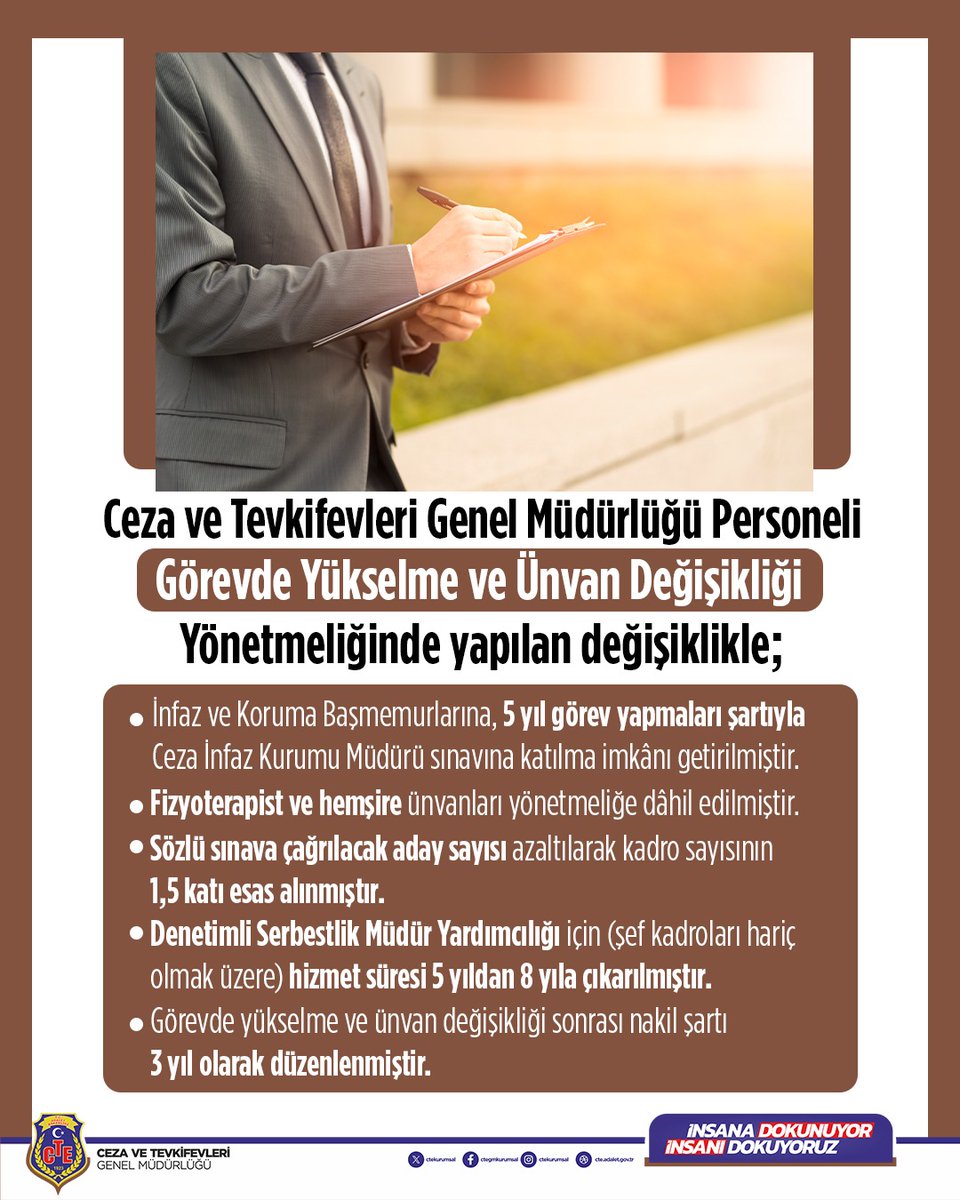 ctekurumsal's tweet image. Ceza ve Tevkifevleri Genel Müdürlüğü personeline yönelik Görevde Yükselme ve Ünvan Değişikliği Yönetmeliğinde yapılan değişiklikler Resmî Gazete’de yayımlanarak yürürlüğe girmiştir.

Yapılan düzenlemelerle; liyakat ve kariyer ilkeleri esas alınarak, personelimizin mesleki…