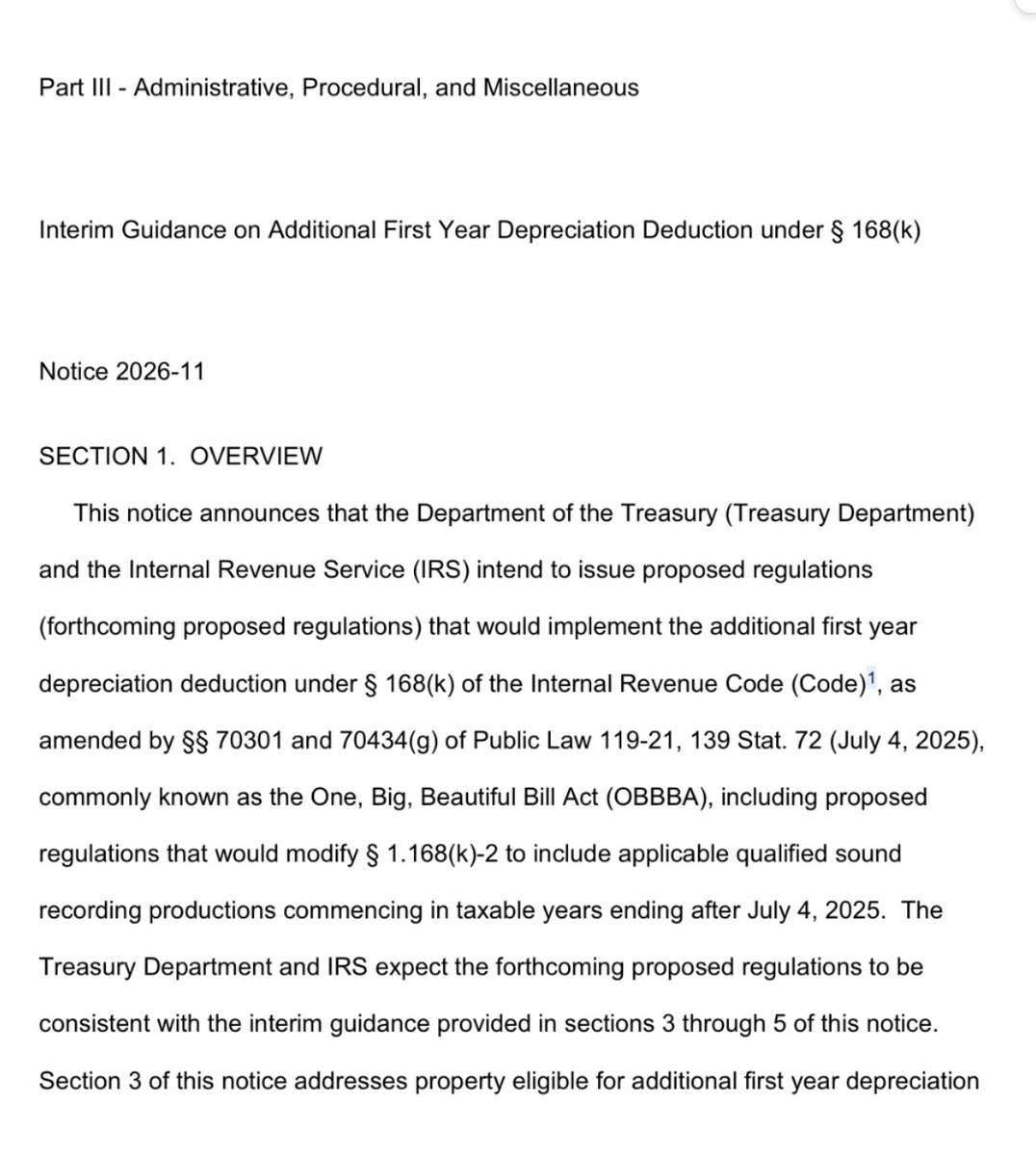 Today

The IRS released Bonus Depreciation guidance 

Here are the most important takeaways to real estate investors and biz owners:

Section 3 of the notice contains the updates that they ARE keeping the TCJA rules, just with a few minor tweaks

1. Confirmation that bonus