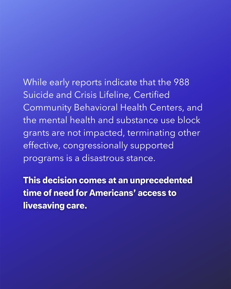 afspnational's tweet image. We are deeply alarmed by the Administration’s decision to terminate federal grants that fund critical suicide prevention and behavioral health services and call for the immediate reversal of this decision.

Read our full statement: afsp.org/story/american…

#AFSPadvocacy