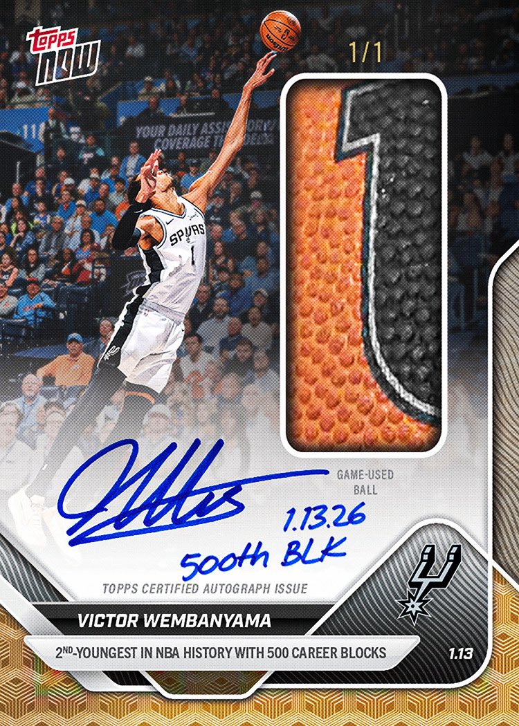 Topps's tweet image. JUST IN: The ACTUAL BALL from Victor Wembanyama's 500th career block has been put inside a rare 1/1 autographed trading card 🤯