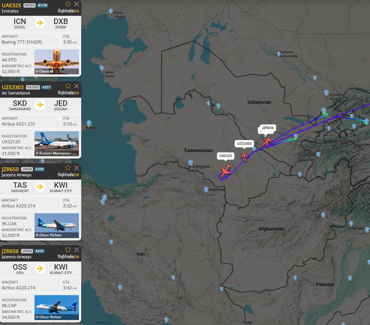 Osinttechnical's tweet image. A number of flights on track to overfly Iran are currently diverting or circling. No word on any airspace closure.