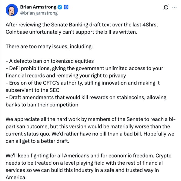 Coinbase CEO阿姆斯特朗反对参议院加密法案，称其禁止代币化股票、DeFi并偏袒银行