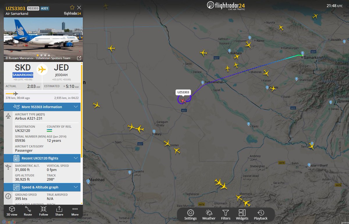 OAlexanderDK's tweet image. Air Samarkand flight UZS3303 from Samarkand, Uzbekistan to Jeddah is currently circling in Turkmenistan airspace. 

The flight normally flies directly over central Iran on this route.