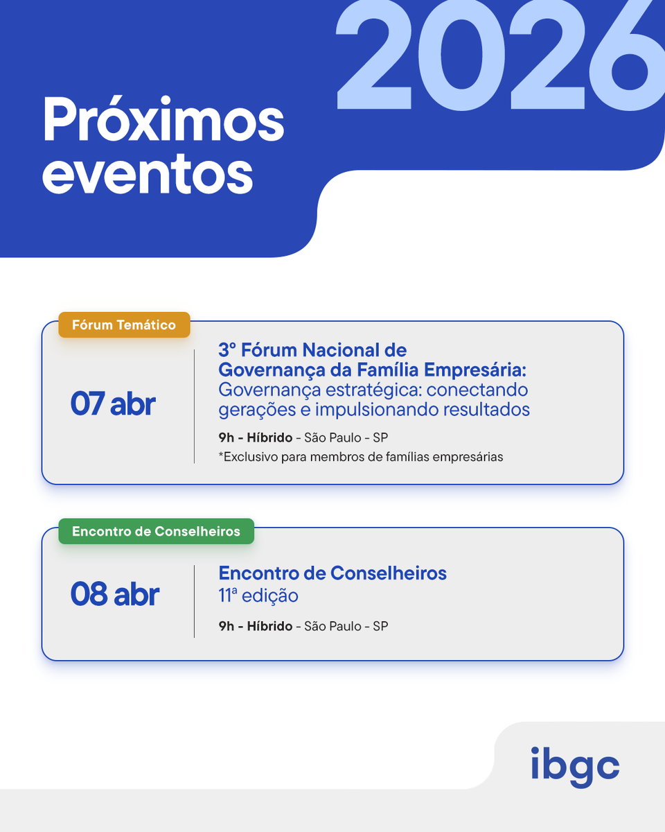 Fique por dentro da nossa agenda de eventos.
Acesse: ibgc.org.br/eventos e acompanhe.
#IBGC #GovernançaCorporativa #BoasPráticas