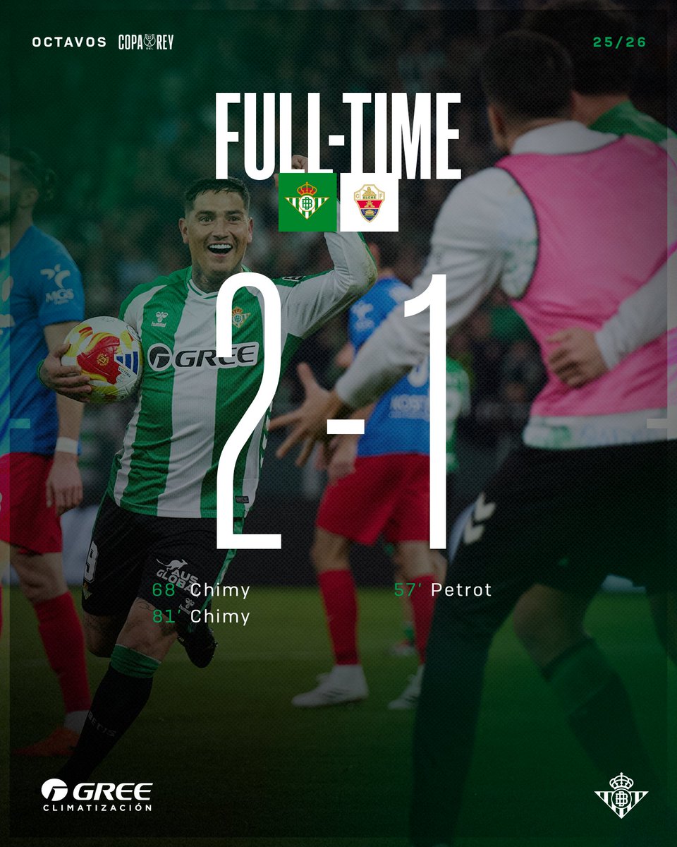 90’ (+7) ⏱⚽️ ¡FINAAAAAAL! ¡Remontada para avanzar a lo cuartos de final de la Copa! 👏

💚🤍 #RealBetisElche ⚪🟢

#DíaDeBetis