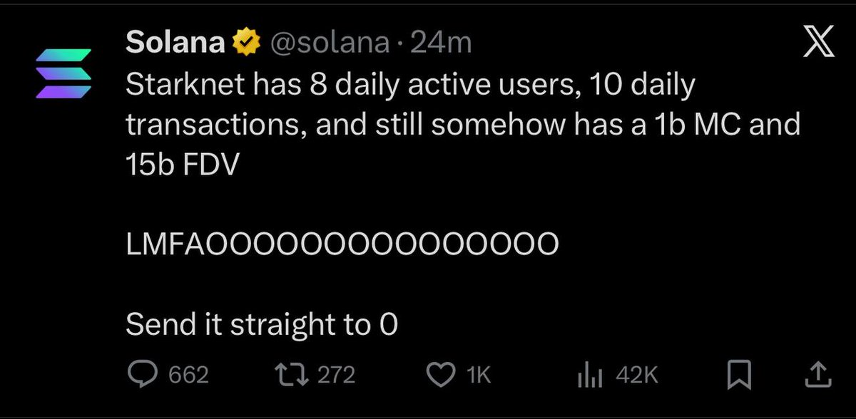 LayerYapper's tweet image. Solana gets rumors of a hack and suddenly everyone's dunking on Starknet.

Feels less like genuine concern, more like someone just bagged $2 Stark and woke up salty.

Funny how outrage always follows bad entries.