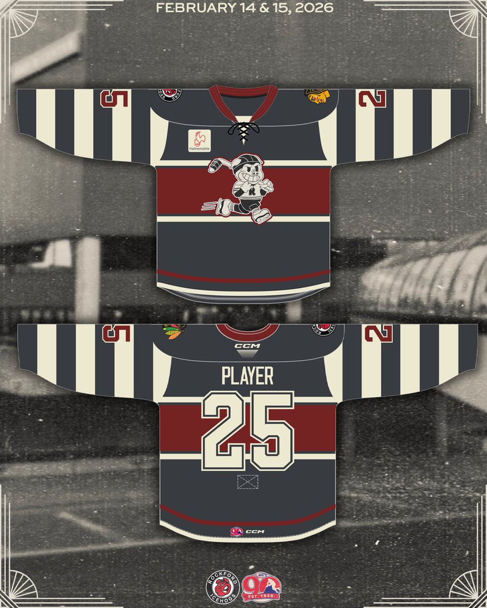 Introducing, the Retro Jersey 🎞

In collaboration with the AHL's 90th Anniversary, these jerseys were designed to imagine what a Rockford IceHogs jersey would have looked like in the 1920's. They will be worn on February 14th &amp; 15th.

📝: shorturl.at/Oxdl5