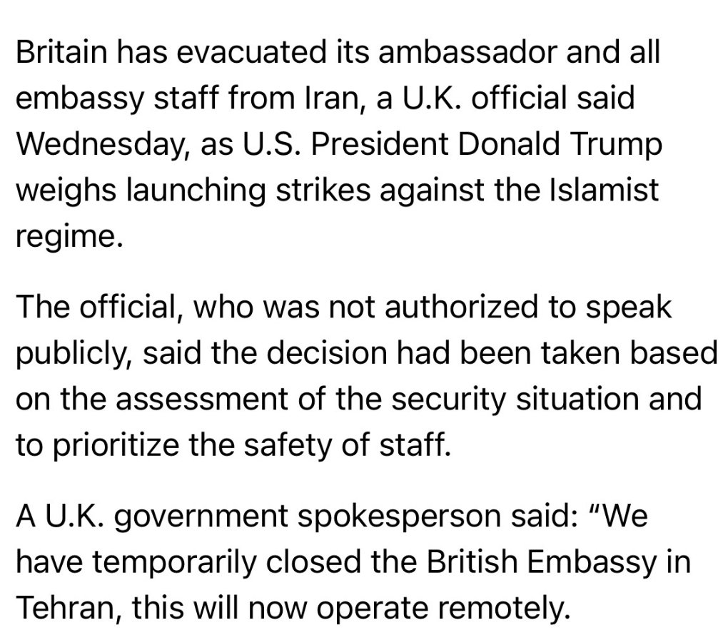 According to UK officials speaking to Politico, embassy staff and the UK ambassador were evacuated from Tehran.