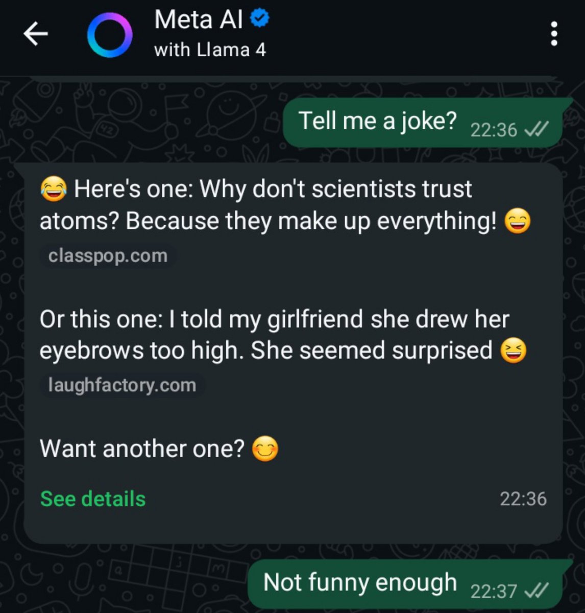 tgom_ola's tweet photo. Told meta to tell a joke. Why putting laughing emoji when it's not even making me laugh. https://t.co/4bvV60q0hY